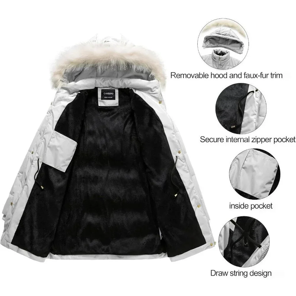 Women's Light Grey Winter Warm Long Drawstring Waterproof Snow Puffer Jacket
